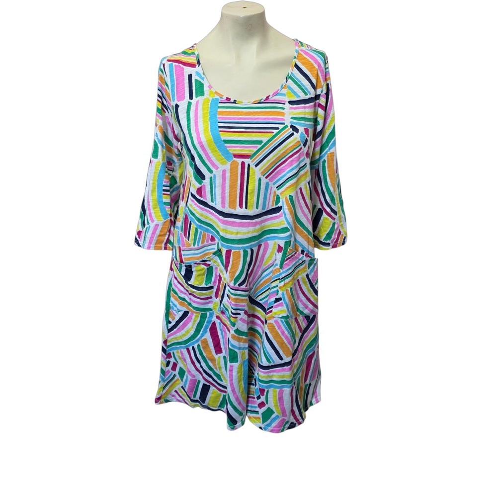 Fresh Produce USA Cotton Dress M Multicolor Stripe 3/4 Sleeve Pockets Boho